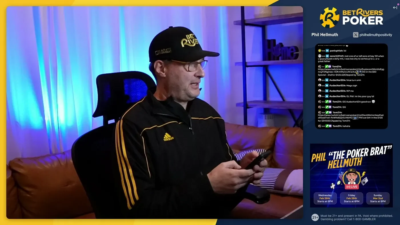 Phil Hellmuth in a branded BetRivers Poker stream layout