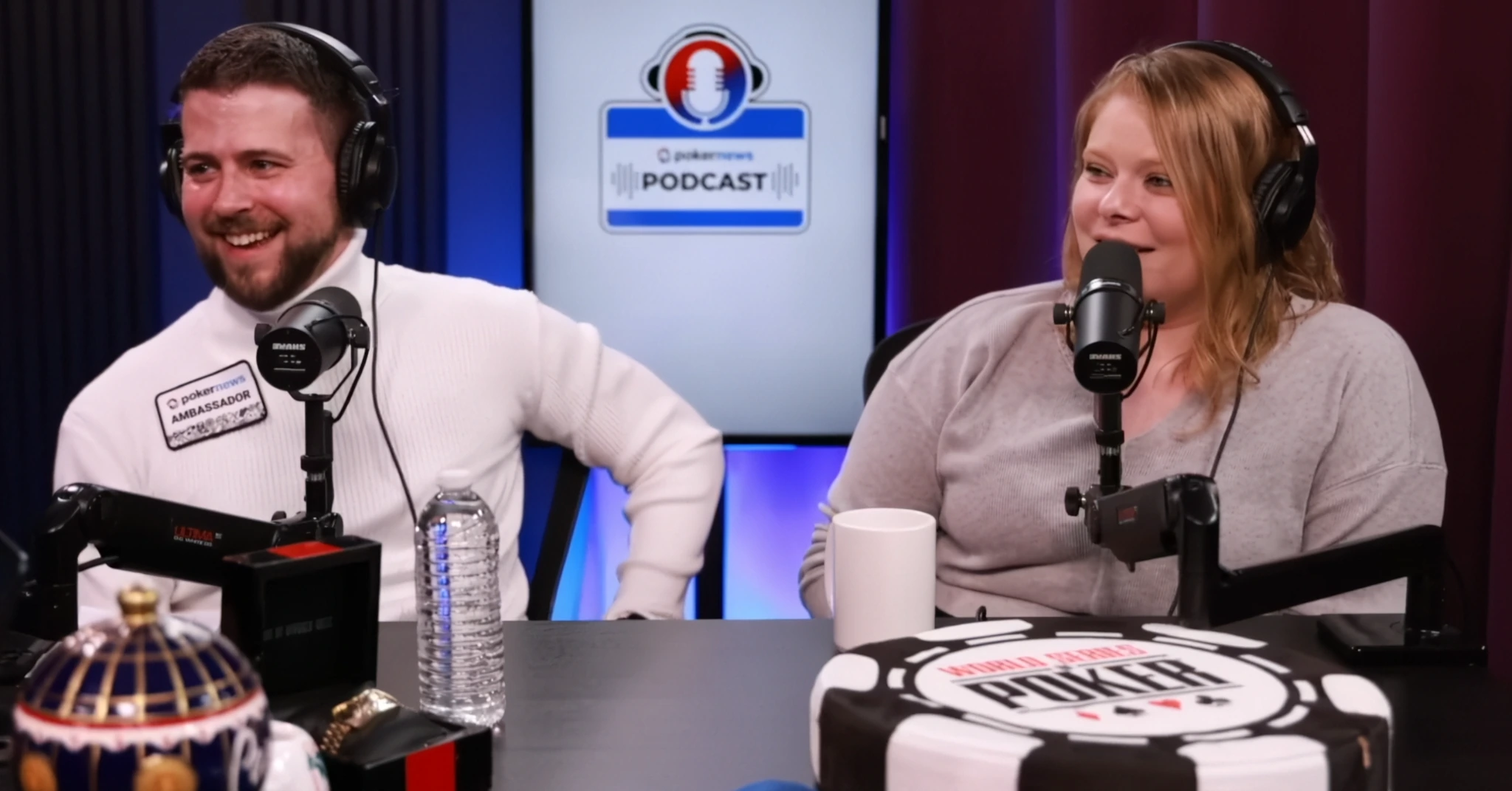 Keith Becker on the PokerNews Podcast in a studio setup with microphones and guest conversation